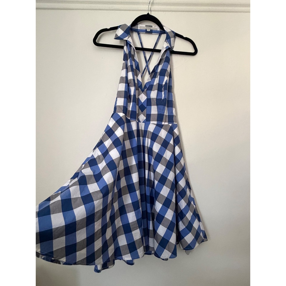Guess Los Angeles Blue White Gingham Halter Dress Open Back Plaid Fit Flare Sz 4
